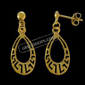 24k Gold Plated Sterling Silver Earrings - Teardrop w/ Greek Key Motif (29mm)