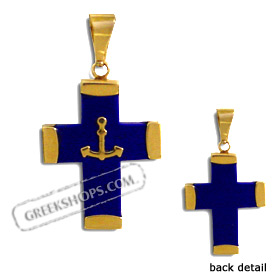 14k Gold Cross Pendant w/ Lapis Stone & Anchor (21mm)