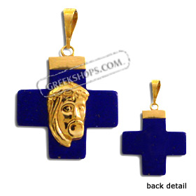 14k Gold Orthodox Cross Pendant w/ Lapis Stone & Jesus (16mm)
