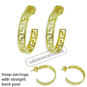 24k Gold Plated Sterling Silver Hoop Earrings - Greek Key Motif with Post (22mm)
