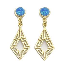 18k Gold Plated Diamond Shaped Greek Key Opal Earrings (30mm)