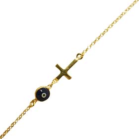 14k Gold Plated Sterling Silver Rope Chain Bracelet w/ 6mm evil eye and cross ornament