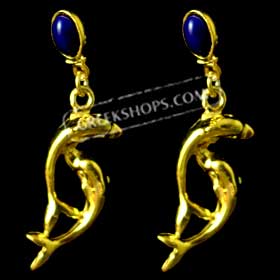 24k Gold Plated Sterling Silver Double Dolphin Earrings w/ Lapis Stone (35mm)