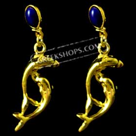 24k Gold Plated Sterling Silver Double Dolphin Earrings w/ Lapis Stone (35mm)