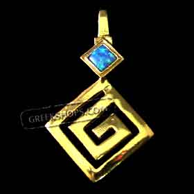 24k Gold Plated Sterling Silver Diamond Shaped Pendant w/ Greek Key & Opal (27mm)