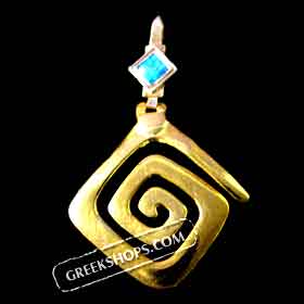 24k Gold Plated Sterling Silver Diamond Shaped Pendant w/ Greek Key & Opal (46mm)