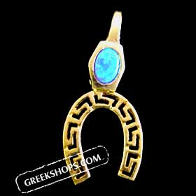 24k Gold Plated Sterling Silver Pendant - Horseshoe w/ Greek Key & Opal (28mm)