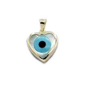 14k Gold Heart-shaped Pendant with Mother of Pearl Evil Eye 18mm