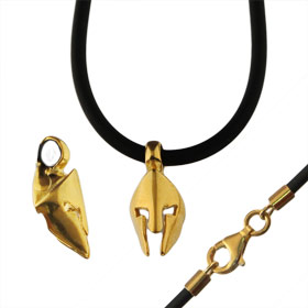 24k Gold Plated Sterling Silver Necklace w/ Rubber Cord - Ancient Greek Warrior Helmet (15mm)