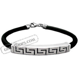 Sterling Silver Rubber Bracelet - Rectangle Charm w/ Greek Key Motifs