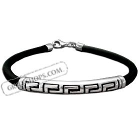 Sterling Silver Rubber Bracelet - Rounded Charm w/ Greek Key Motifs