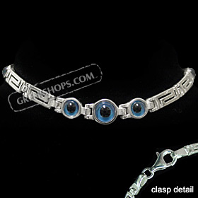 Greek Sterling Silver Mati Collection - Bracelet w/ Greek Key and 3 Central Mati Evil Eye (6mm)