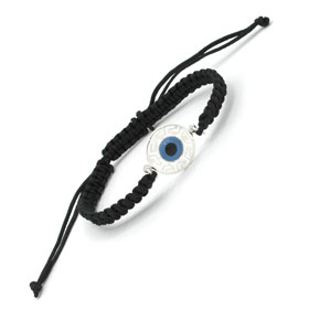 Black Komboskini Macrame Adjustable Bracelet with Sterling Silver Round  "Mati" Evil Eye (15mm)