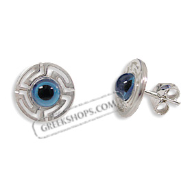 Greek Sterling Silver Mati Collection - Round Post Earrings Greek Key (10mm)