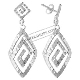 Sterling Silver Earrings - Curved Greek Key Diamond with Hammered Detail (33mm)