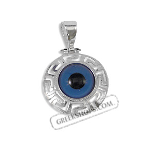 Greek Sterling Silver Mati Collection - Round Pendant Greek Key Large (26mm)