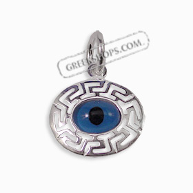 Greek Sterling Silver Mati Collection - Oval Pendant Greek Key (16mm)