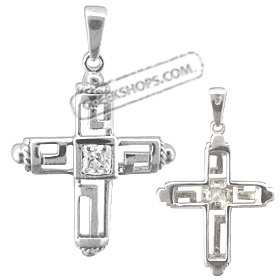 Platinum Plated Sterling Silver Pendant - Cross w/ Greek Key Motif & Swarovski Crystal (27mm)