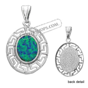 The Neptune Collection - Sterling Silver Pendant - Oval w/ Greek Key & Opal (23mm)