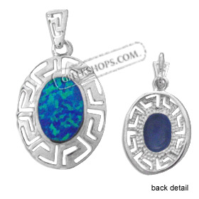 The Neptune Collection - Sterling Silver Pendant - Oval w/ Greek Key & Opal (21mm)