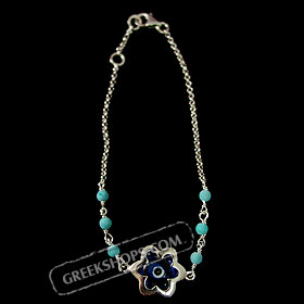 Sterling Silver Car Rear-View Mirror Charm - Flower Pendant w/ Mati Evil Eye