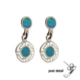 The Neptune Collection - Sterling Silver Dangle Earrings - Circle w/ Greek Key & Opal (8mm)