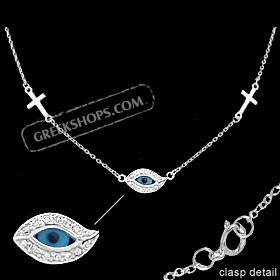 The Amphitrite Collection - Sterling Silver Necklace - Eye w/ Cubic Zirconia & Two Crosses