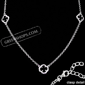 Platinum Plated Sterling Silver Necklace - Three Floral Charms w/ Onyx Stone
