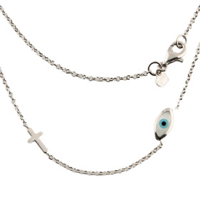 The Amphitrite Collection - Platinum Plated Sterling Silver Necklace - Mother of Pearl Mati & Cross