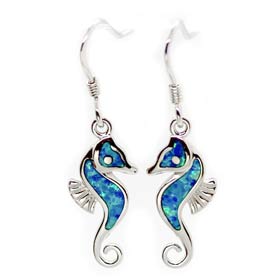 Sterling Silver & Opal Seahorse Earrings w/ French Hooks