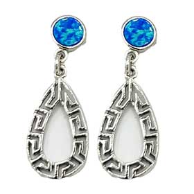 Teardrop shaped Opal & Greek Key Sterling Silver Earrings, 20mm
