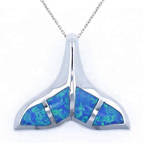 Sterling Silver and Opal Dolphin Fin Pendant w/ 16" chain, 16mm
