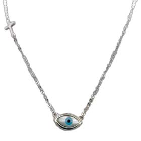 Sterling Silver Evil Eye and Cross 16" Necklace