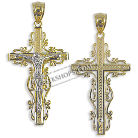 14k Gold Cross Pendant - Crucifix with White Gold (38mm)
