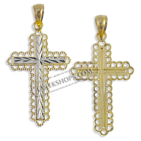 14k Gold Cross Pendant - Chevron with White Gold (30mm)