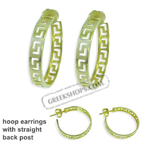 14k Gold Hoop Earrings - Greek Key Motif with Post (22mm)