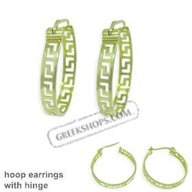 14k Gold Hoop Earrings - Greek Key Motif with Hinge (23mm)