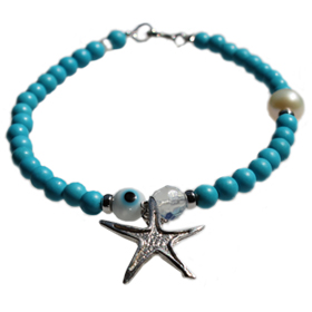 The Nefeli Collection - Blue Coral Bracelet Wiith Silver Star Fish and Evil Eye (4mm bead) 