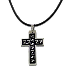 Stainless Steel Pendant - Cross Greek Key Motif (35mm) w Rubber Cord