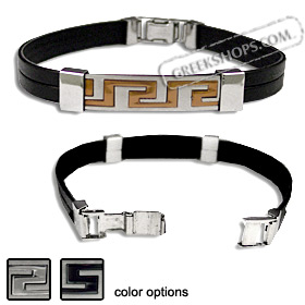 Leather and Stainless Steel Bracelet - Greek Key Motif