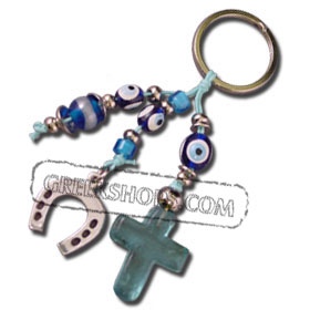 Good Luck Charm Key Chain with Light Blue Glass Cross