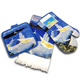 3 Piece Santorini Kitchen Towel, Pot Holder, Oven Mit