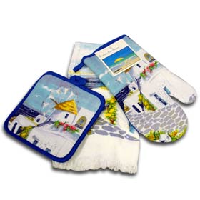 3-Piece Greek Islands Kitchen Towel, Pot Holder, Oven Mit
