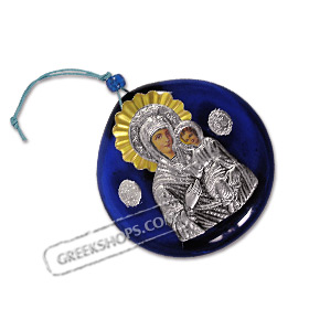 Virgin Mary / Panayia Metal Icon on Blue Glass - Size M