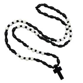 Greek Orthodox Black Wooden and White Lava Bead Prayer Rope w/ cross, Greek Rosary style 114