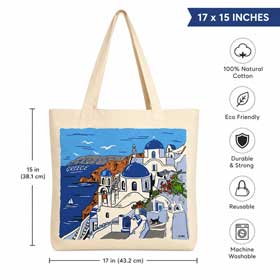 Santorini Greece Canvas Tote Bag – Greek Island Beach Bag with Blue Dome Art