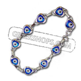 Faux Silver Bracelet with Heart-Shaped Evil Eyes