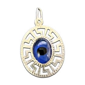Sterling Silver Evil Eye Oval Pendant with Greek Key Border (18mm)