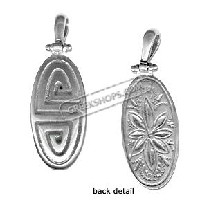 Sterling Silver Pendant - Double Sided Oval Greek Key and Floral (27mm)
