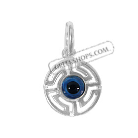 Greek Sterling Silver Mati Collection - Round Pendant Greek Key (13mm)